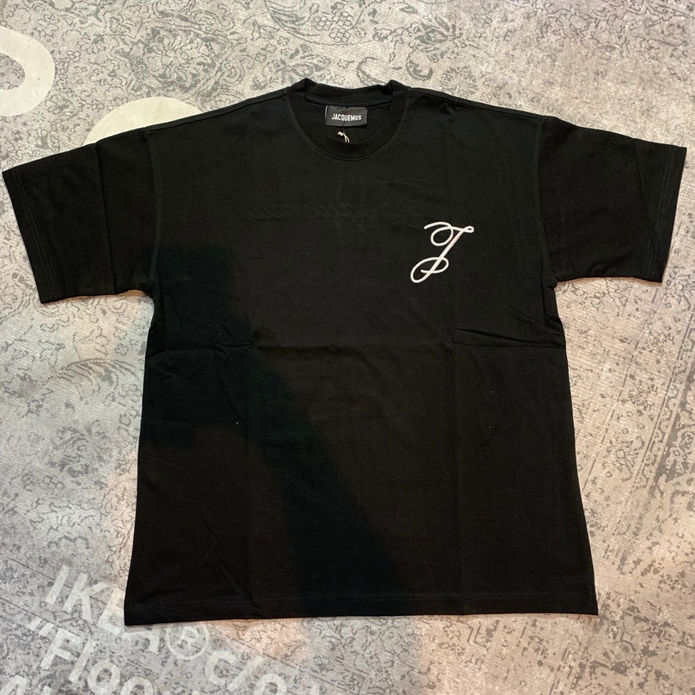 Jacquemus Logo T-Shirt Mens XXL Black Excellent Script Embroidery Short Sleeve